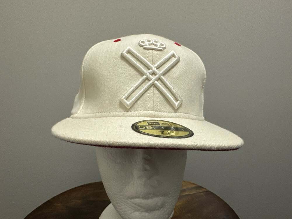10.Deep x New Era 59FIFTY Fitted Hat X Logo Cream Red Size 7 1/8